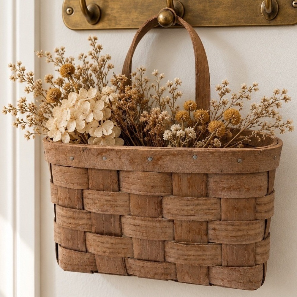 Vintage Woven Wood Hanging Wall Basket Primitive Country Cottage Wall Pocket
